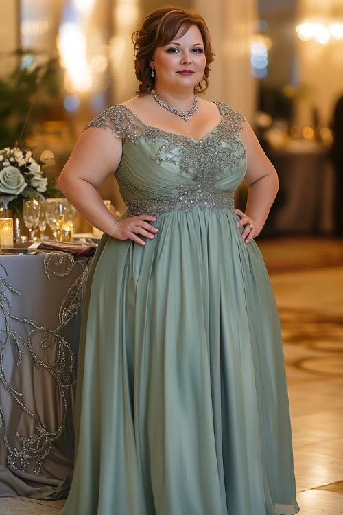 A fashionable plus-size woman in a sage green tea-length gown with an illusion neckline and delicate beadwork on the bodice