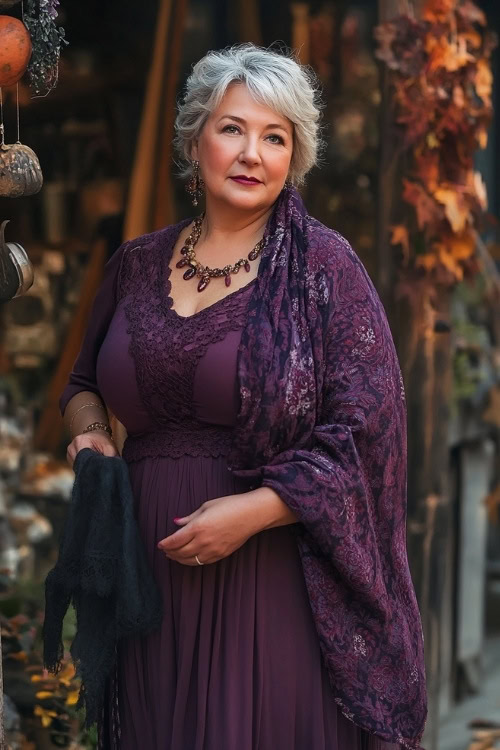 A fashionable plus-size woman over 50 in a plum knee-length dress with a matching shawl, standing by a rustic wedding venue