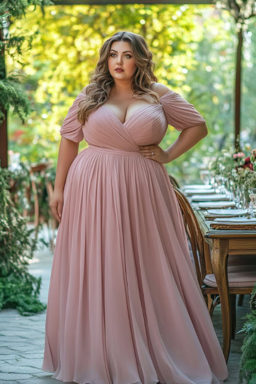 A fashionable plus-size woman wearing a blush pink floor-length A-line dress with a cinched waist and cap sleeves