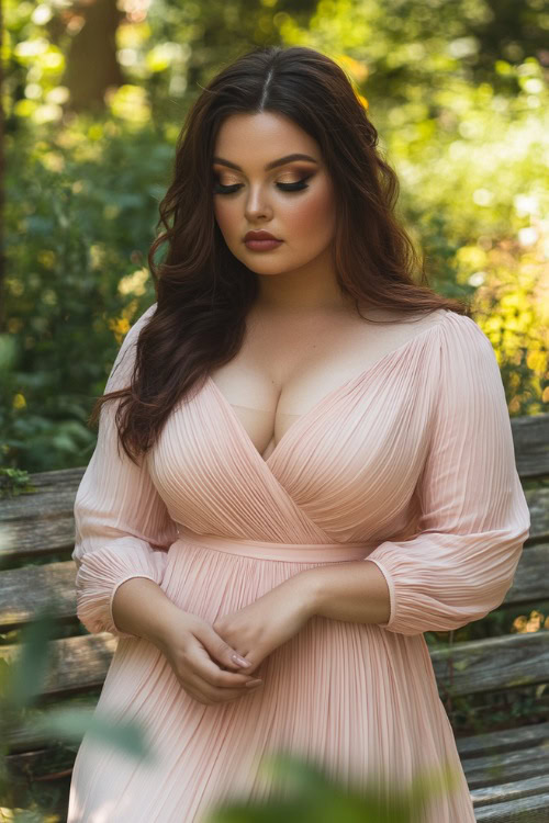 A fashionable plus-size woman wearing a blush pink midi dress with pleated details and a cinched waist