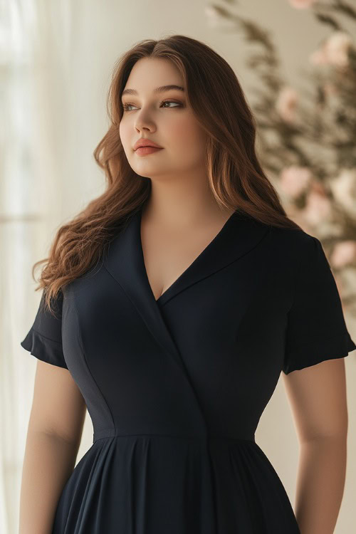 A fashionable plus-size woman wearing a navy tea-length A-line dress with a modest neckline