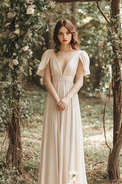 A fashionable woman in a beige wrap dress with a tulip hem and flutter sleeves