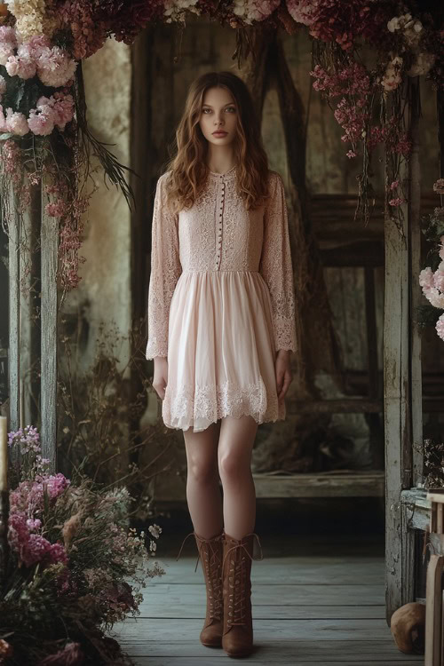 A fashionable woman in a blush pink knee-length dress with lace sleeves, styled with brown leather boots