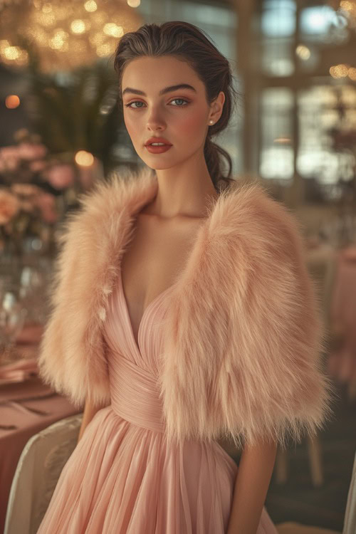 A fashionable woman in a blush pink tea-length dress paired with a cropped faux fur jacket