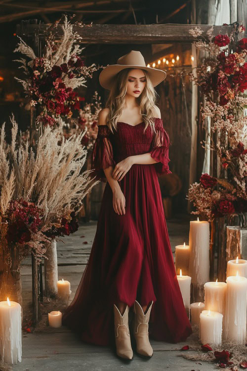 A fashionable woman in a burgundy A-line dress styled with beige cowboy boots