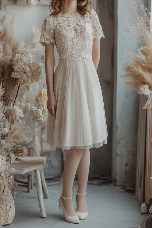 A fashionable woman in a champagne-colored knee-length dress with lace details and flutter sleeves