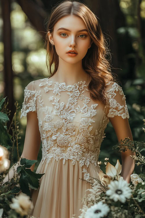 A fashionable woman in a champagne-colored midi dress with lace cap sleeves and subtle embroidery