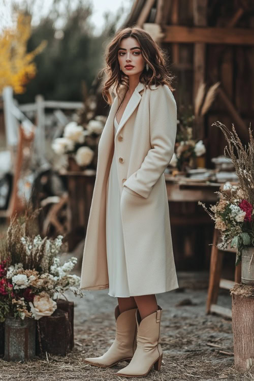 A fashionable woman in a champagne-colored tea-length dress paired with beige cowboy boots and a tailored cream coat (2)