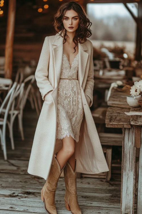 A fashionable woman in a champagne-colored tea-length dress paired with beige cowboy boots and a tailored cream coat