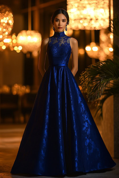 A fashionable woman in a cobalt blue A-line gown with a high neckline