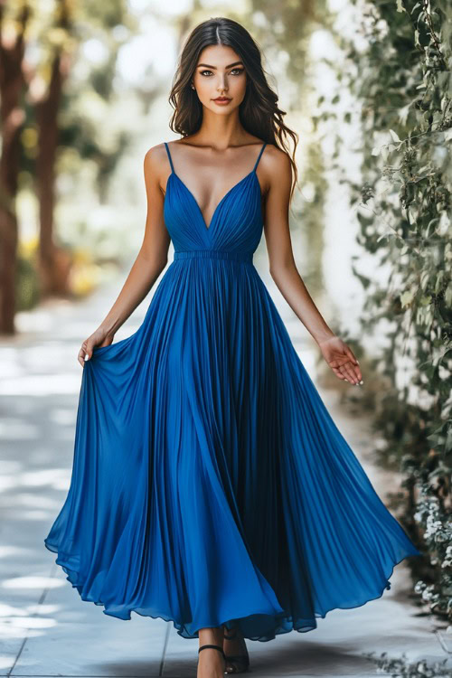 A fashionable woman in a cobalt blue maxi dress with spaghetti straps and a pleated skirt