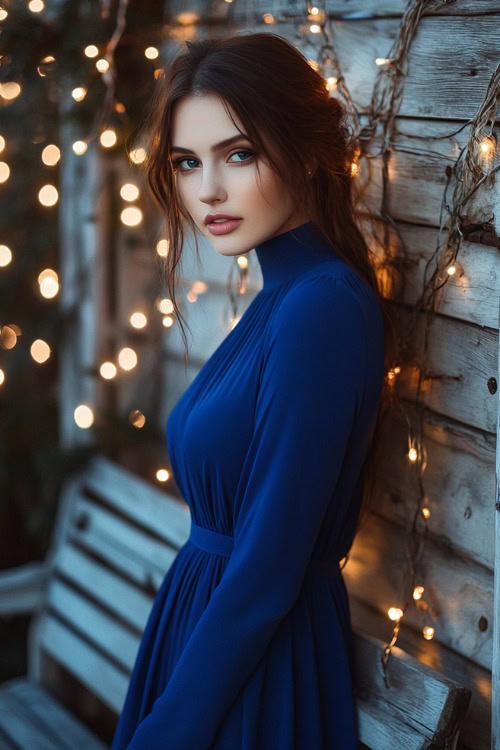 A fashionable woman in a cobalt blue midi dress with a high neckline