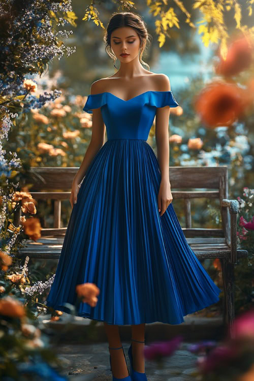 A fashionable woman in a cobalt blue tea-length dress with a square neckline and a pleated skirt, standing near a rustic floral wedding bench