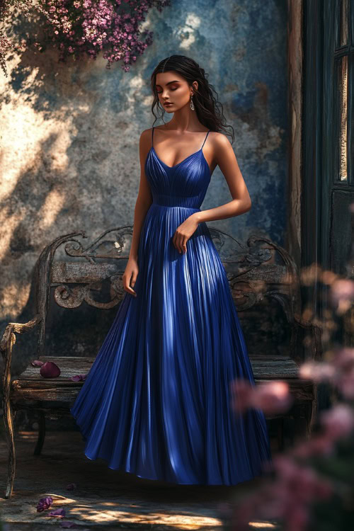 A fashionable woman in a cobalt blue tea-length dress with a square neckline and a pleated skirt