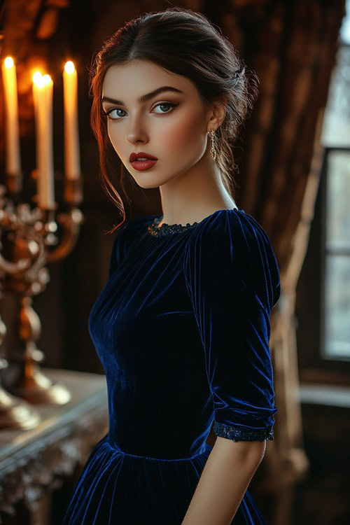 A fashionable woman in a cobalt blue velvet tea-length dress with three-quarter sleeves