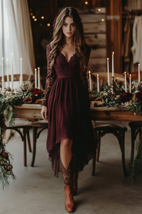 A fashionable woman in a dark plum A-line dress paired with brown cowboy boots (2)