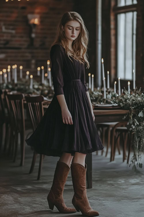 A fashionable woman in a dark plum A-line dress paired with brown cowboy boots