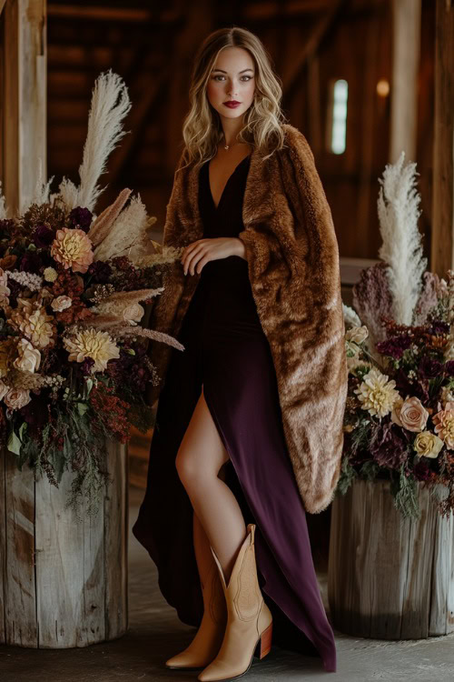 A fashionable woman in a dark plum knee-length dress styled with tan cowboy boots and a faux fur shawl