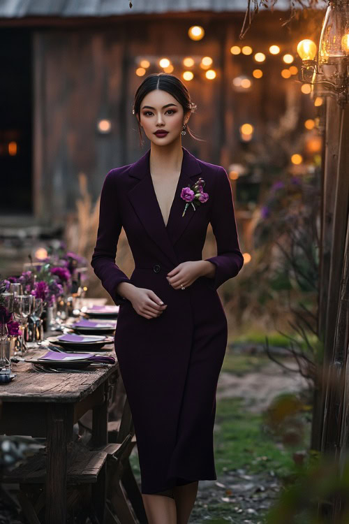 A fashionable woman in a dark plum tea-length dress paired with a tailored blazer (2)