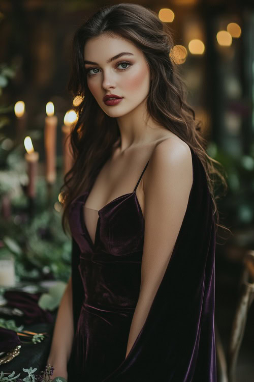 A fashionable woman in a dark plum tea-length dress styled with a velvet shawl