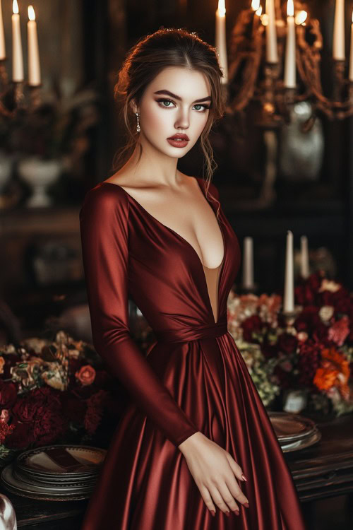 A fashionable woman in a deep burgundy satin dress with a cinched waist and long sleeves, posing near a wedding table adorned with elegant centerpieces and candles