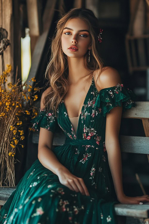 A fashionable woman in a deep emerald green tea-length dress with a flowing hem and subtle floral prints