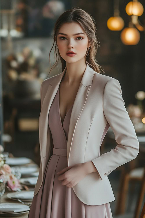 A fashionable woman in a dusty rose A-line dress paired with a tailored cream blazer