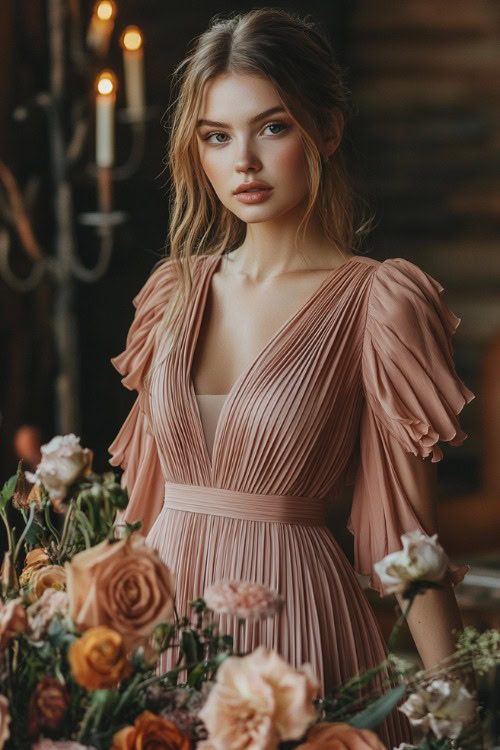 A fashionable woman in a dusty rose pleated tea-length dress with flutter sleeves