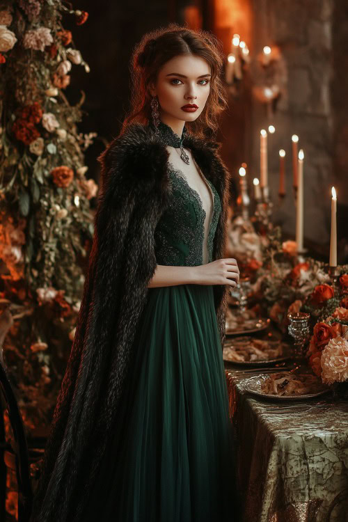 A fashionable woman in a forest green midi dress styled with a faux fur cape