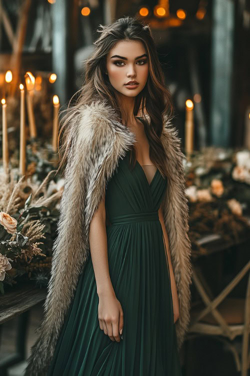 A fashionable woman in a forest green midi dress styled with a faux fur cape,