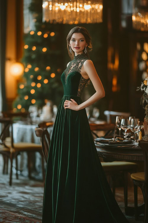 A fashionable woman in a forest green velvet floor-length gown with subtle lace detailing