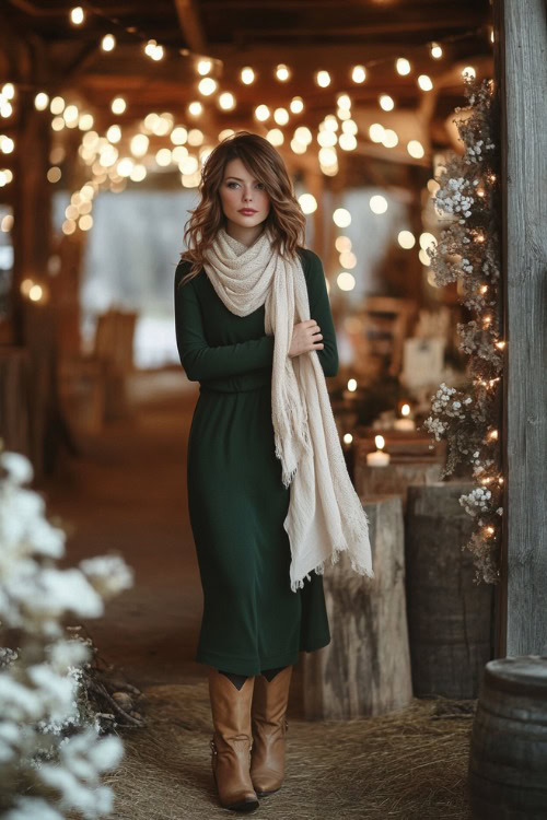 A fashionable woman in a forest green wrap dress layered with a soft cream scarf, paired with taupe cowboy boots