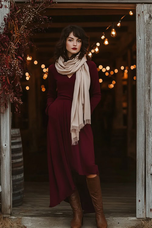 A fashionable woman in a maroon A-line gown layered with a beige pashmina scarf