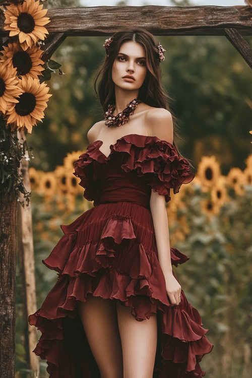 A fashionable woman in a maroon knee-length dress with a ruffled skirt, styled with a bolo necklace