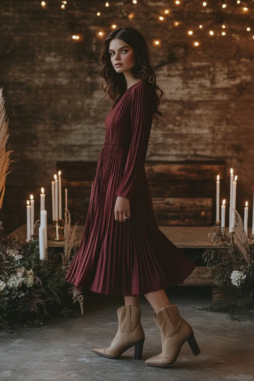 A fashionable woman in a maroon pleated midi dress styled with taupe cowboy boots (2)