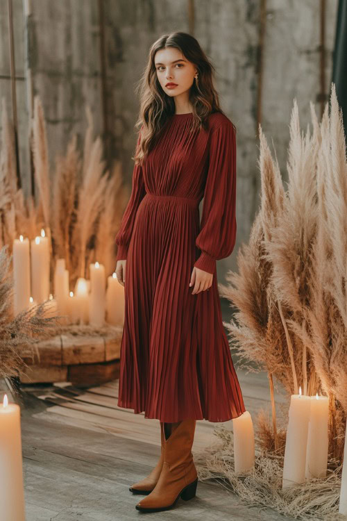 A fashionable woman in a maroon pleated midi dress styled with taupe cowboy boots (4)