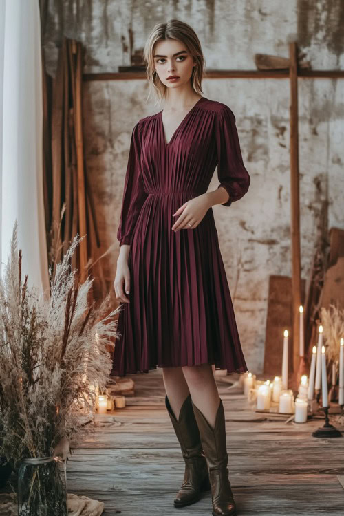 A fashionable woman in a maroon pleated midi dress styled with taupe cowboy boots