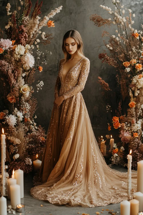 A fashionable woman in a metallic gold floor-length gown with flared sleeves and intricate embroidery