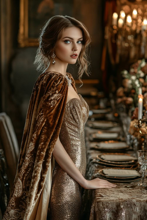 A fashionable woman in a metallic gold sheath dress paired with a luxurious velvet shawl