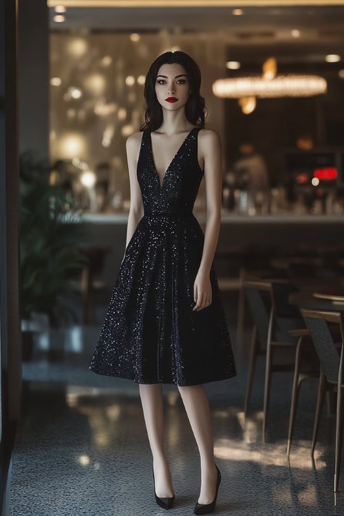 A fashionable woman in a navy A-line tea-length dress with subtle sequin details