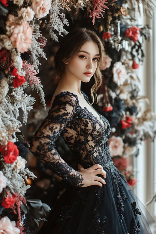 A fashionable woman in a navy floor-length gown with intricate lace detailing, posing near an indoor floral wedding arch decorated with winter blooms