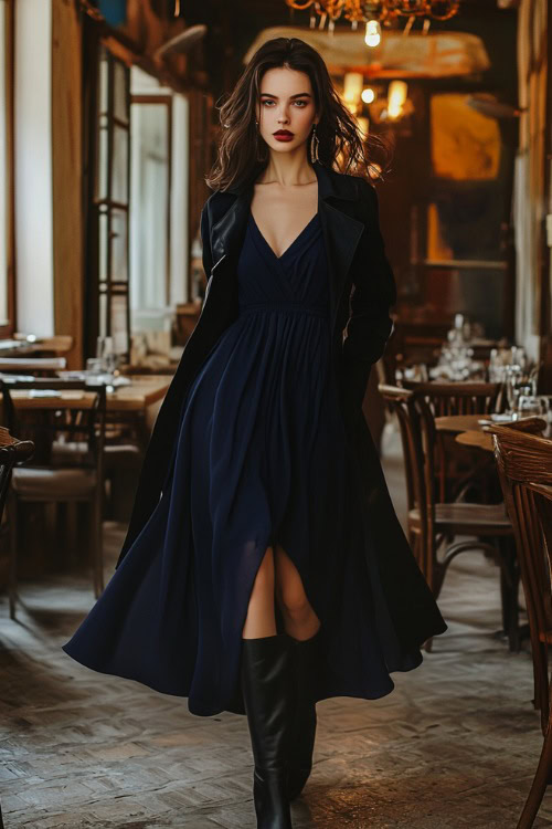 A fashionable woman in a navy maxi dress paired with leather ankle boots and a tailored trench coat