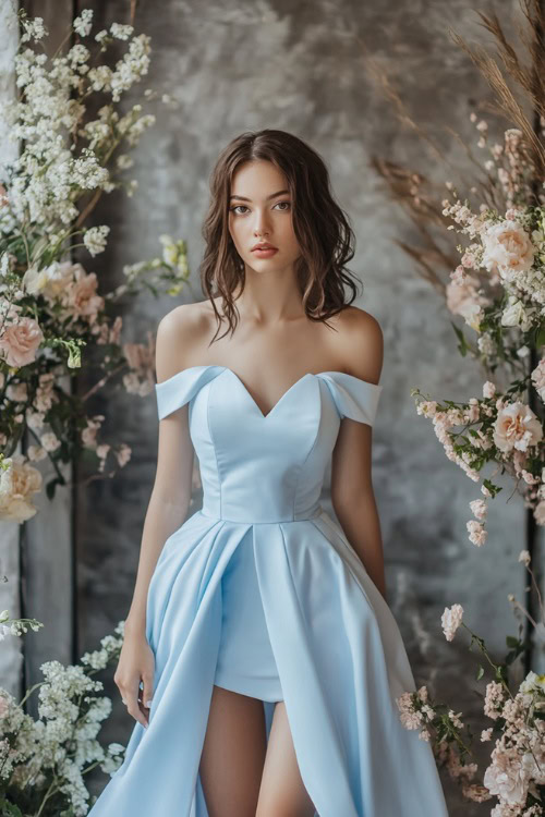 A fashionable woman in a pastel blue high-low dress with an off-the-shoulder neckline