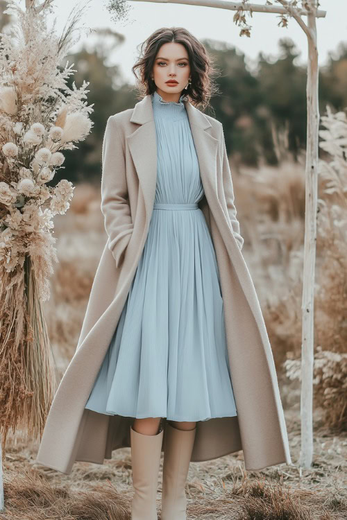 A fashionable woman in a pastel blue pleated dress styled with beige ankle boots and a long wool coat