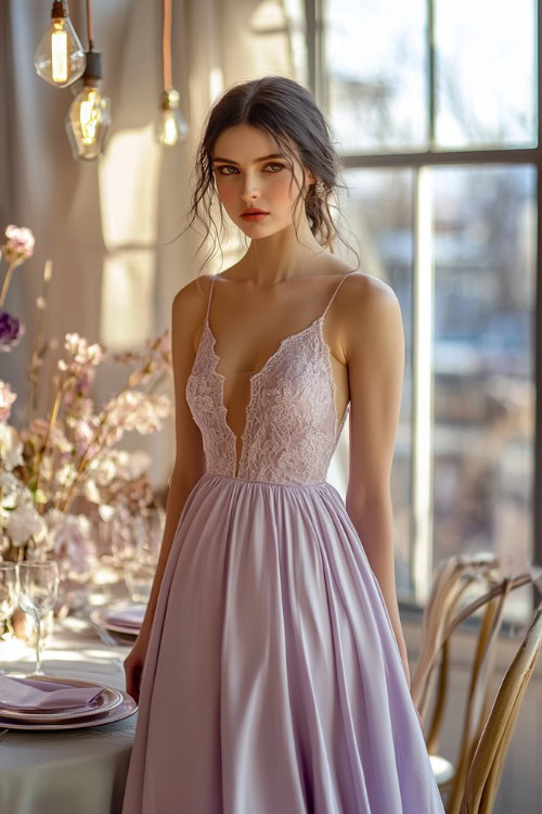 A fashionable woman in a pastel lavender fit-and-flare dress with a scalloped hemline and lace bodice