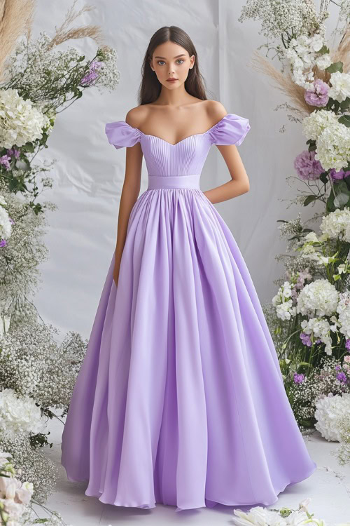 A fashionable woman in a pastel lavender maxi dress with a square neckline and a gathered waist