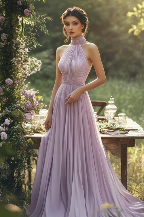 A fashionable woman in a pastel lavender midi dress with a high-neckline and subtle pleats