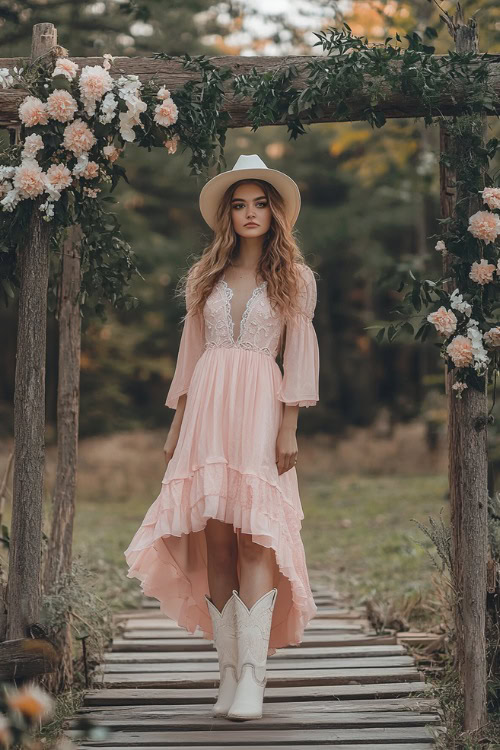 A fashionable woman in a pastel pink tea-length dress styled with white cowboy boots