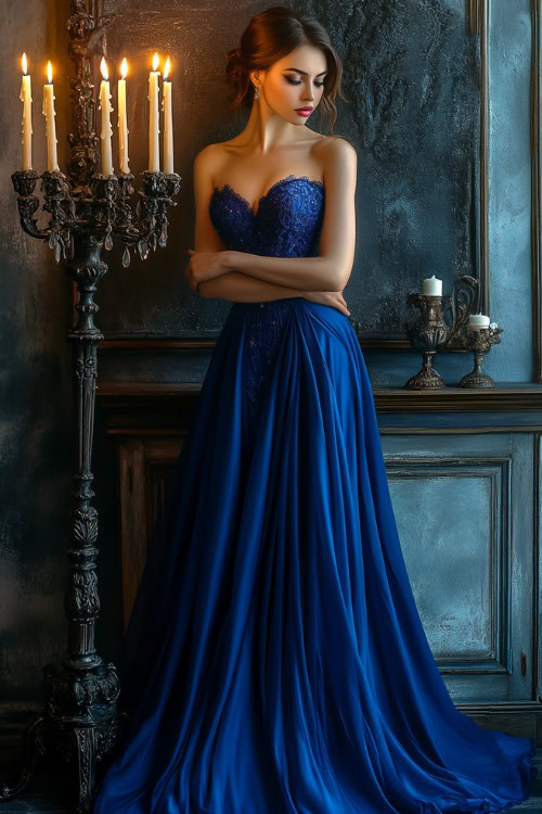 A fashionable woman in a royal blue evening gown with a sweetheart neckline, standing near a tall candleholder in an indoor wedding setting