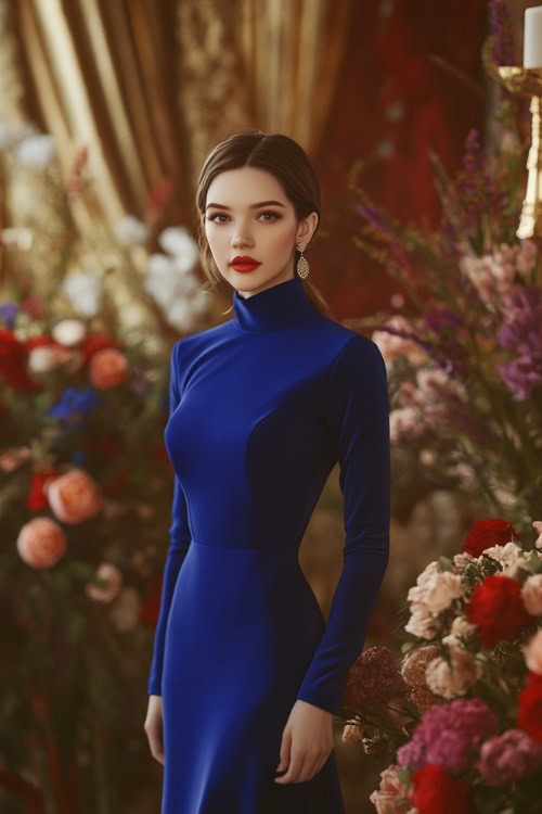 A fashionable woman in a royal blue long-sleeve gown with a cinched waist, standing near an indoor floral arrangement at a wedding venue